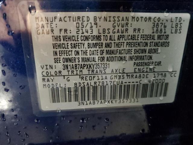 3N1AB7APXKY357331 - 2019 NISSAN SENTRA S BLUE photo 12