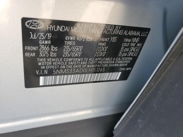 5NMS33AD0LH151265 - 2020 HYUNDAI SANTA FE SEL SILVER photo 12