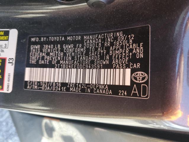 2T1BU4EE0DC943591 - 2013 TOYOTA COROLLA BASE ნაცრისფერი ფოტო 12