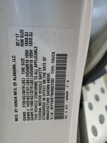 5FPYK3F79HB027382 - 2017 HONDA RIDGELINE RTL WHITE photo 13