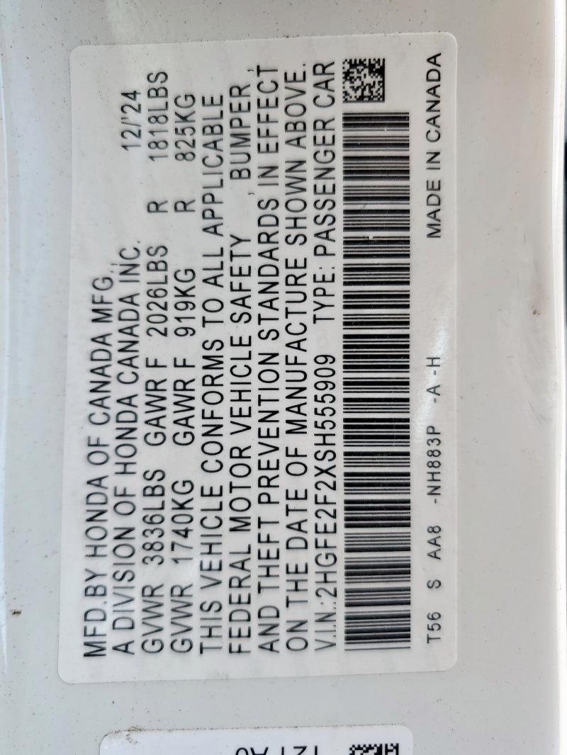 2HGFE2F2XSH555909 - 2025 HONDA CIVIC LX WHITE photo 13