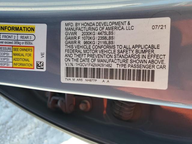 1HGCV1F42MA091482 - 2021 HONDA ACCORD SPORT SE GRAY photo 13