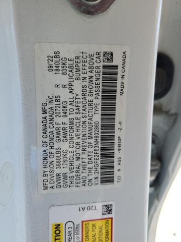 2HGFE2F53NH602860 - 2022 HONDA CIVIC SPORT WHITE photo 12