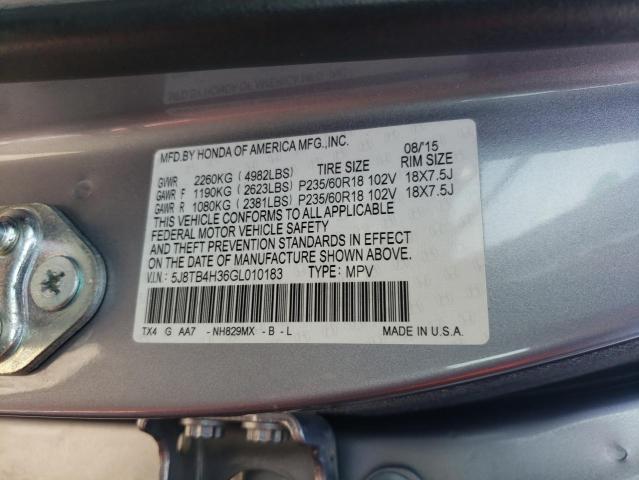 5J8TB4H36GL010183 - 2016 ACURA RDX GRAY photo 13