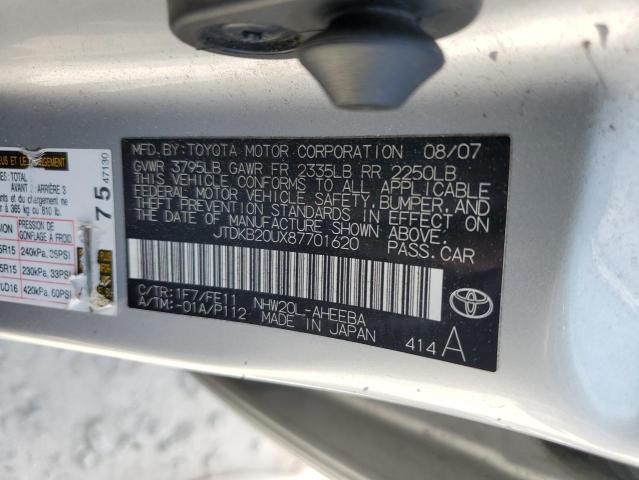 JTDKB20UX87701620 - 2008 TOYOTA PRIUS SILVER photo 12