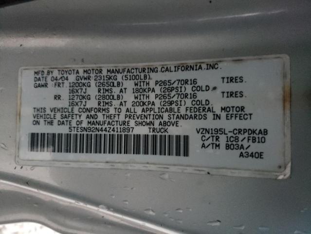 5TESN92N44Z411897 - 2004 TOYOTA TACOMA XTRACAB PRERUNNER ვერცხლისფერი ფოტო 12