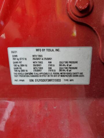 5YJYGDEF3MF215933 - 2021 TESLA MODEL Y RED photo 13