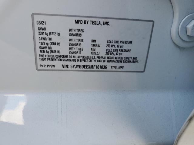5YJYGDEEXMF161036 - 2021 TESLA MODEL Y WHITE photo 12