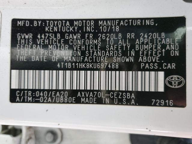 4T1B11HK8KU697488 - 2019 TOYOTA CAMRY L WHITE photo 13