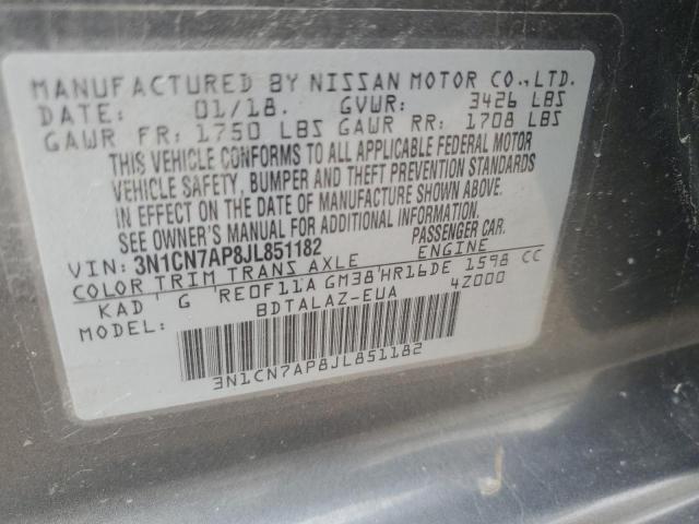 3N1CN7AP8JL851182 - 2018 NISSAN VERSA S 灰色 照片 12