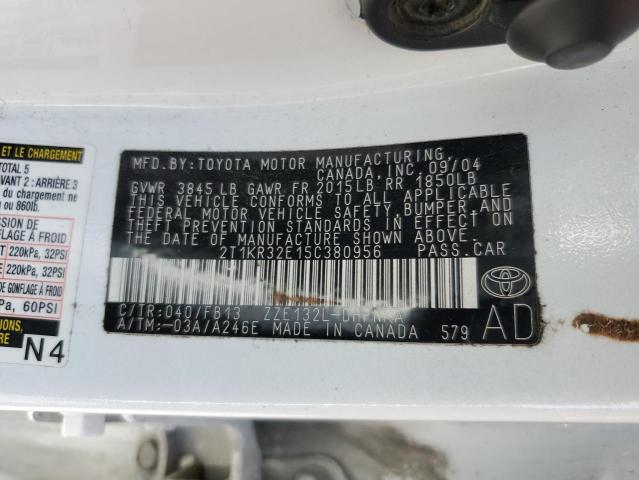 2T1KR32E15C380956 - 2005 TOYOTA COROLLA MA XR WHITE photo 12