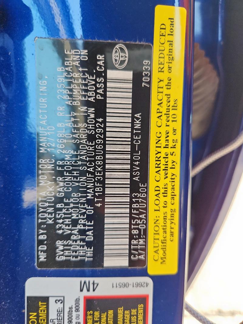 4T1BF3EK8BU692924 - 2011 TOYOTA CAMRY BASE 蓝色 照片 12