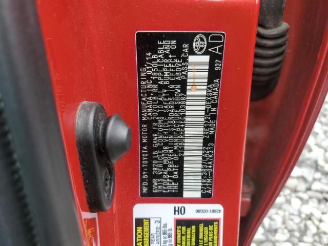 2T1BURHE4EC103887 - 2014 TOYOTA COROLLA L Қызыл фото 12