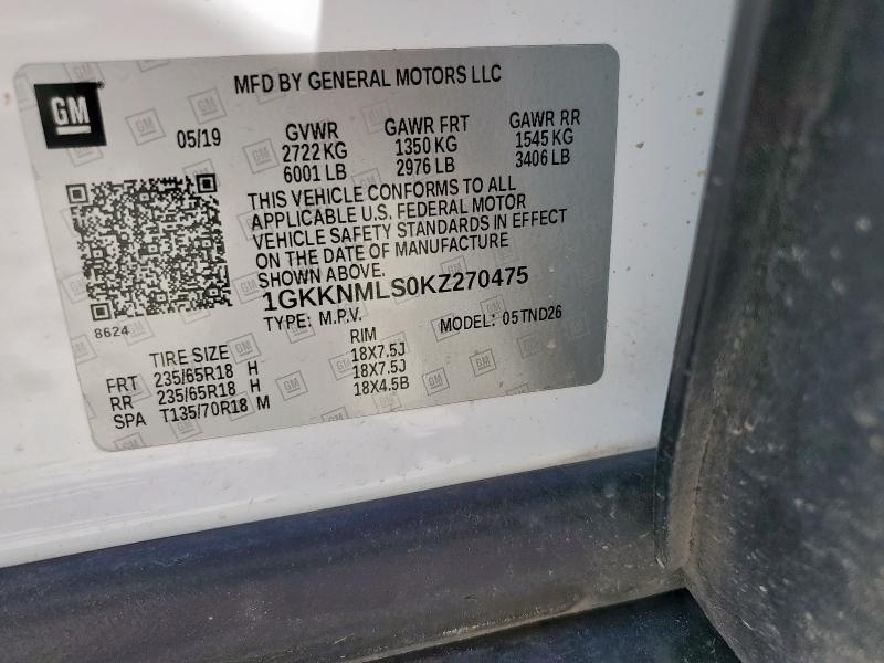 1GKKNMLS0KZ270475 - 2019 GMC ACADIA SLT-1 თეთრი ფოტო 13