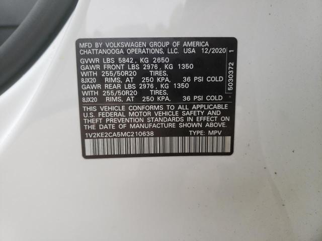 1V2KE2CA5MC210638 - 2021 VOLKSWAGEN ATLAS CROS SE თეთრი ფოტო 12