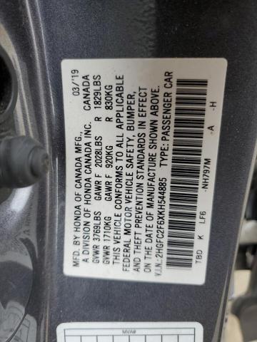 2HGFC2F6XKH544885 - 2019 HONDA CIVIC LX GRAY photo 12