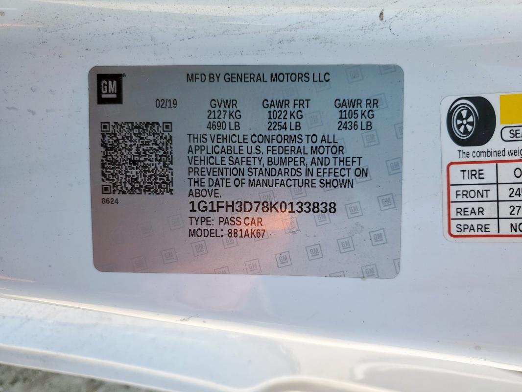 1G1FH3D78K0133838 - 2019 CHEVROLET CAMARO SS WHITE photo 12