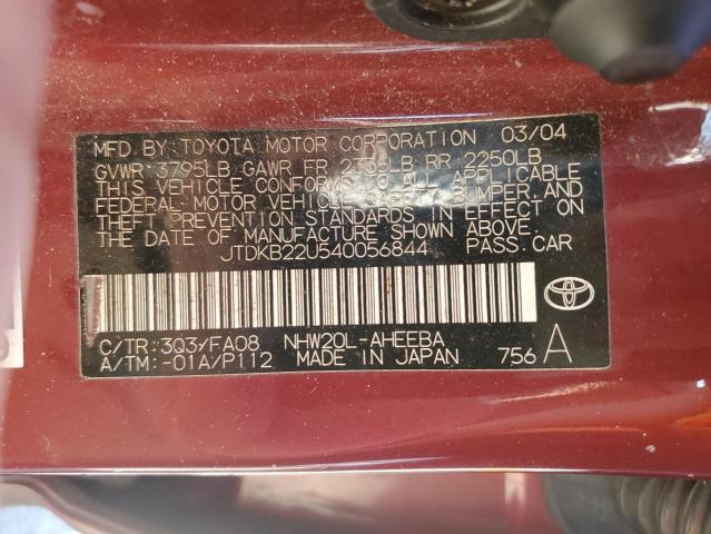 JTDKB22U540056844 - 2004 TOYOTA PRIUS MAROON photo 12