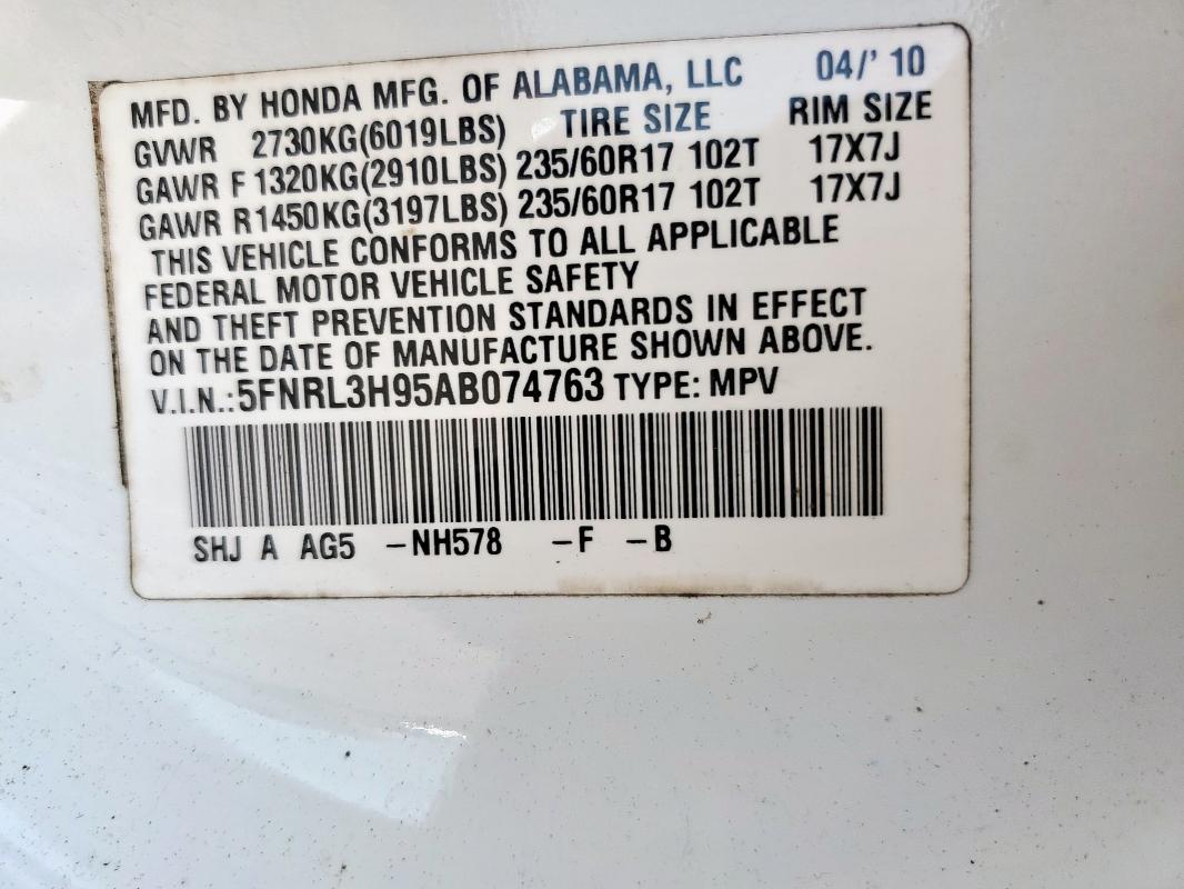 5FNRL3H95AB074763 - 2010 HONDA ODYSSEY TOURING 白色 照片 13