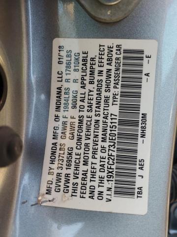 19XFC2F73JE015117 - 2018 HONDA CIVIC EX SILVER photo 12