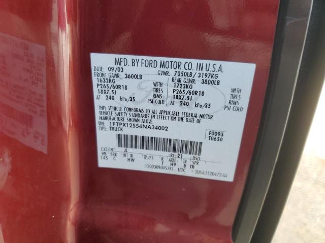 1FTPX12554NA34002 - 2004 FORD F150 MAROON photo 12