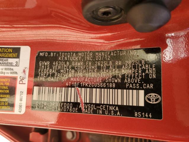 4T1BF1FK2CU566188 - 2012 TOYOTA CAMRY BASE RED photo 12