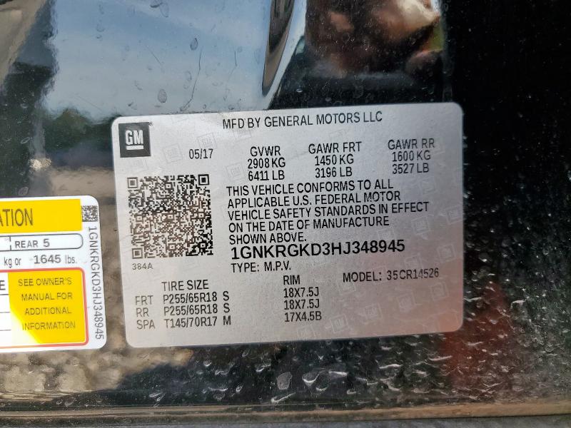 1GNKRGKD3HJ348945 - 2017 CHEVROLET TRAVERSE LT BLACK photo 13