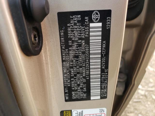 4T1BE32K94U356807 - 2004 TOYOTA CAMRY LE BEIGE photo 12