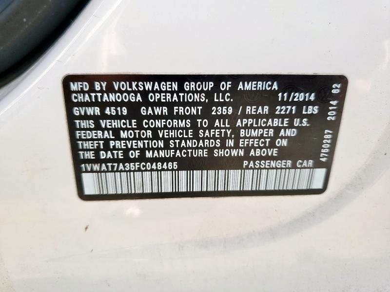 1VWAT7A35FC048465 - 2015 VOLKSWAGEN PASSAT S WHITE photo 12