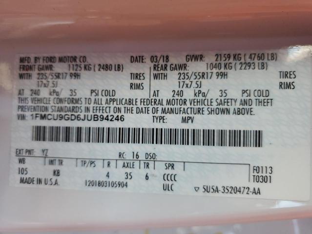 1FMCU9GD6JUB94246 - 2018 FORD ESCAPE SE Weiß Foto 13