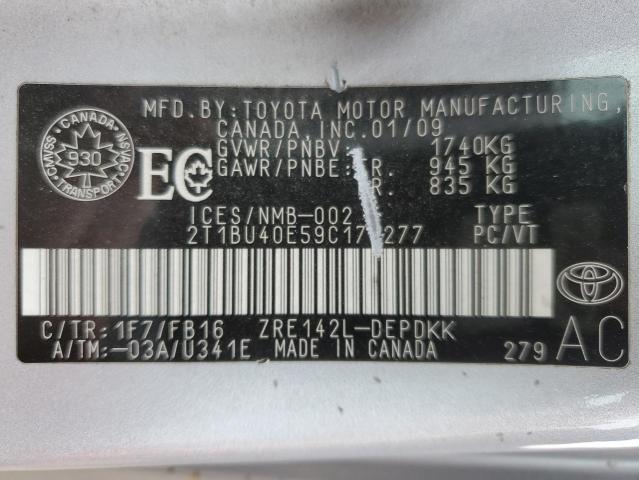 2T1BU40E59C178277 - 2009 TOYOTA COROLLA BASE SILVER photo 12