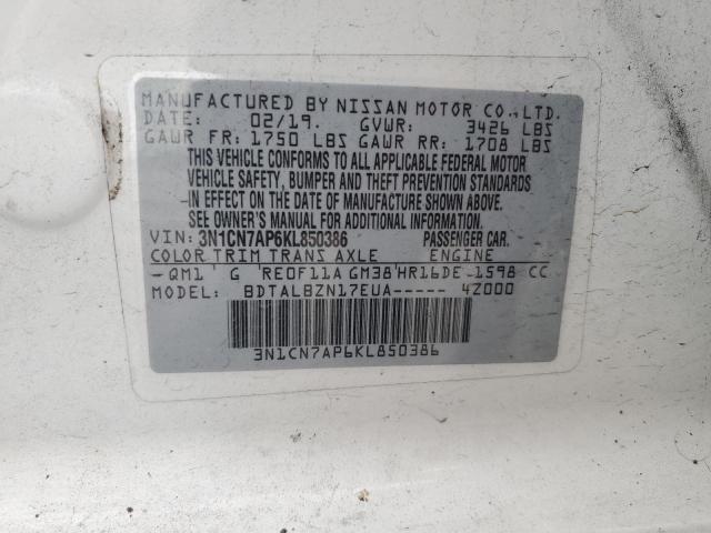 3N1CN7AP6KL850386 - 2019 NISSAN VERSA S WHITE photo 13