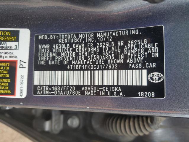 4T1BF1FK0CU177632 - 2012 TOYOTA CAMRY BASE GRAY photo 12