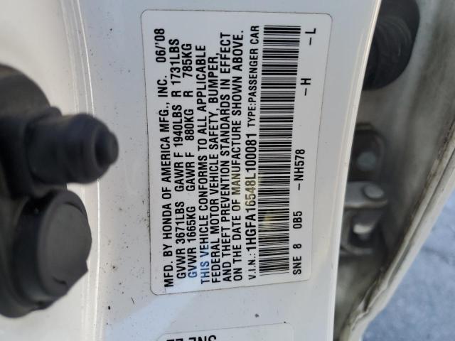 1HGFA16548L100081 - 2008 HONDA CIVIC LX أبيض صورة 12