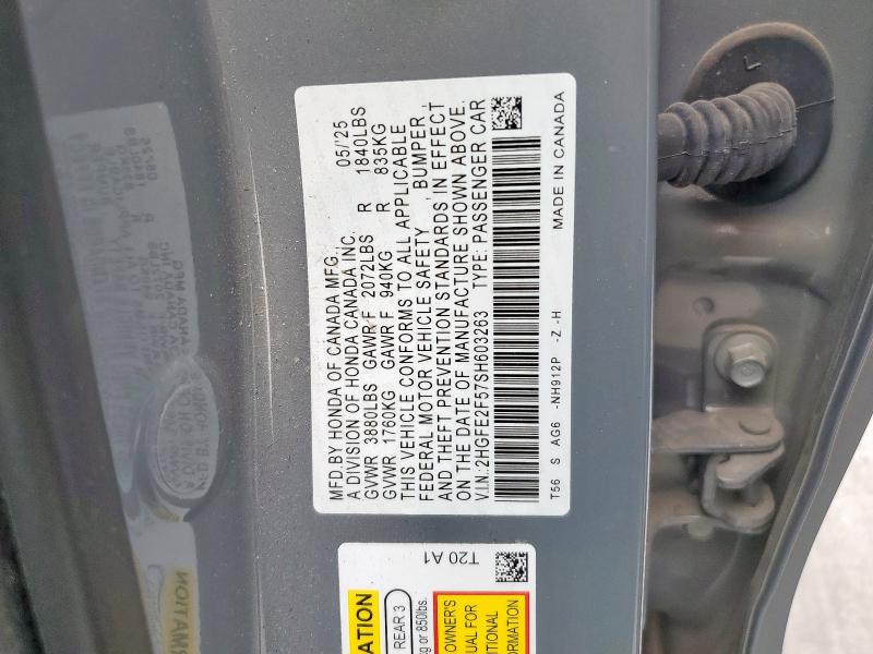 2HGFE2F57SH603263 - 2025 HONDA CIVIC SPORT CHARCOAL photo 13