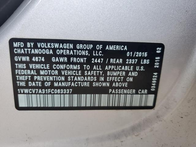 1VWCV7A31FC063337 - 2015 VOLKSWAGEN PASSAT SEL SILVER photo 12