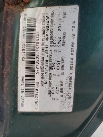 JM1NB353130304835 - 2003 MAZDA MX-5 MIATA BASE GREEN photo 12