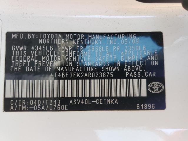 4T4BF3EK2AR023875 - 2010 TOYOTA CAMRY BASE WHITE photo 12