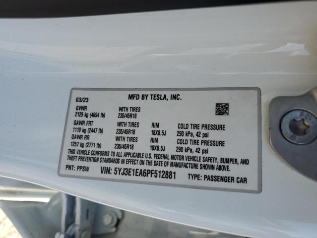 5YJ3E1EA6PF512881 - 2023 TESLA MODEL 3 Ağ foto 12
