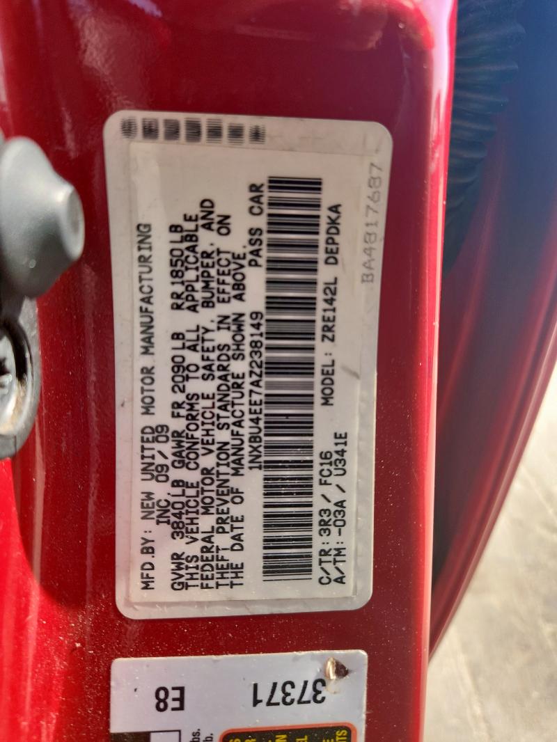 1NXBU4EE7AZ238149 - 2010 TOYOTA COROLLA BASE 勃艮第红 照片 12