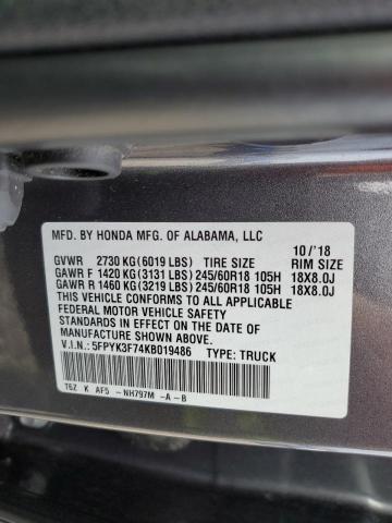 5FPYK3F74KB019486 - 2019 HONDA RIDGELINE RTL GRAY photo 12