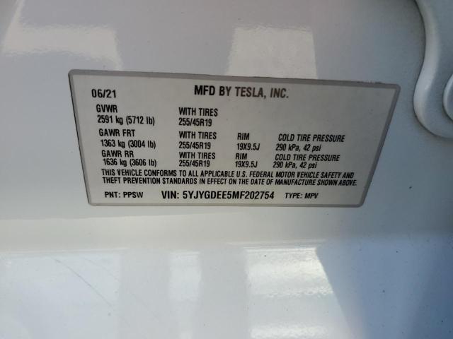 5YJYGDEE5MF202754 - 2021 TESLA MODEL Y 白色 照片 12