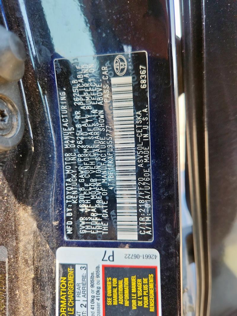 4T1BF1FKXFU955777 - 2015 TOYOTA CAMRY LE BLACK photo 12