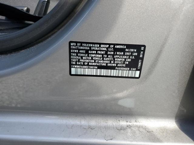 1VWBN7A38EC100104 - 2014 VOLKSWAGEN PASSAT SE GRAY photo 12