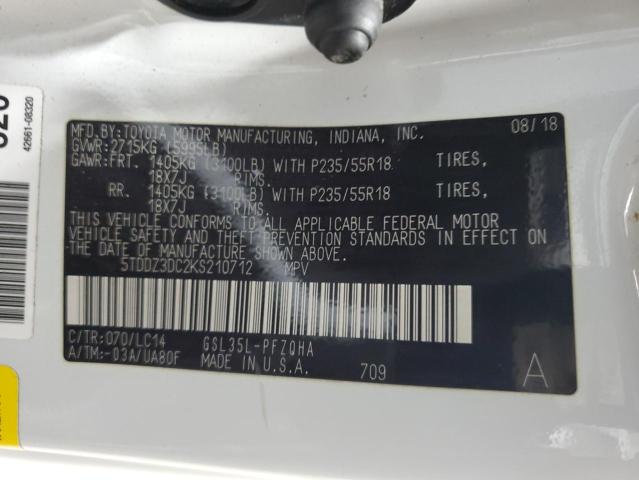 5TDDZ3DC2KS210712 - 2019 TOYOTA SIENNA XLE 白色 照片 13