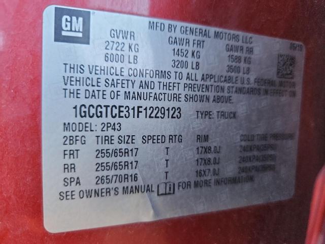 1GCGTCE31F1229123 - 2015 CHEVROLET COLORADO Z71 RED photo 13