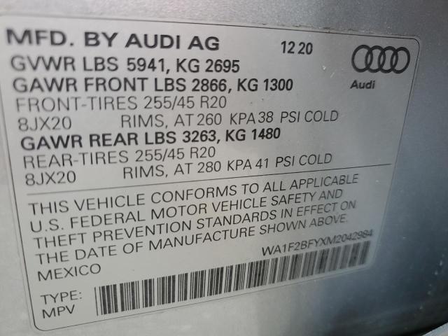 WA1F2BFYXM2042984 - 2021 AUDI Q5 PRESTIGE SILVER photo 13