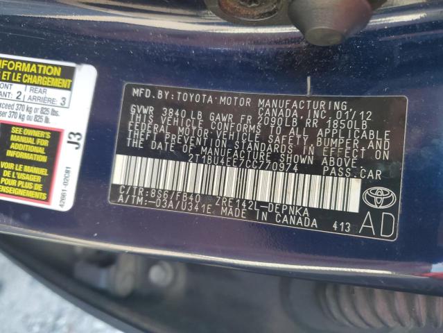 2T1BU4EE7CC770974 - 2012 TOYOTA COROLLA BASE BLUE photo 12