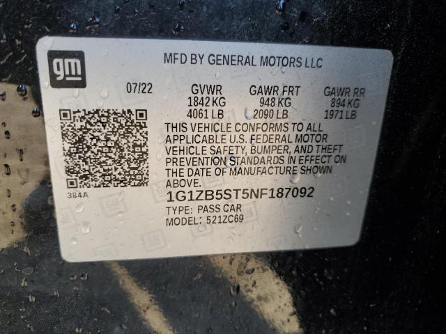 1G1ZB5ST5NF187092 - 2022 CHEVROLET MALIBU LS أسود صورة 12