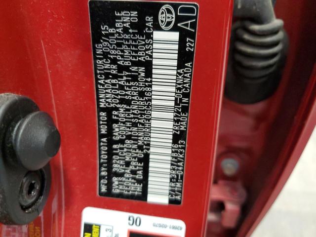 2T1BURHE0GC516814 - 2016 TOYOTA COROLLA L RED photo 12
